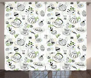 Штора ABAKUHAUS "Чаепитие в деревенском стиле", с рисунком сердец, для спальни, со сборками, петлями и крючками, 280 x 175 см, цвет: черный, белый, зеленый Abakuhaus