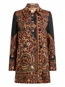 Двубортное пальто из жаккарда с цветочным узором Etro, черный