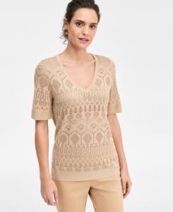 Укороченный свитер с короткими рукавами и V-образным вырезом, эксклюзивно для Macy's JM Collection, Cuban Sand Lurx Combo