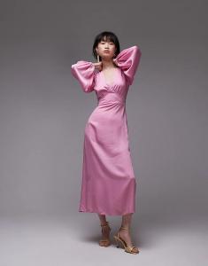 Платье миди & Other Stories с разрезами по бокам и объемными рукавами розового цвета