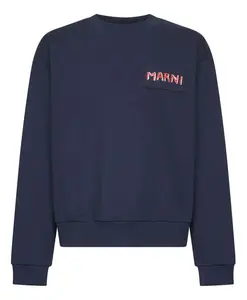 Синий пуловер с круглым вырезом и вышитым логотипом. Marni, синий