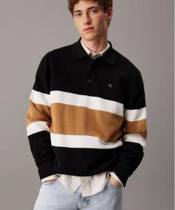 (M) Поло-свитер Calvin Klein с полузастежкой в полоску, джинсы Calvin Klein 4RB301G