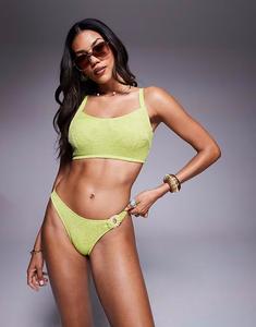 Текстурированные плавки бикини Bella с высоким вырезом и отделкой из бусин ярко-зеленого цвета Asos Design