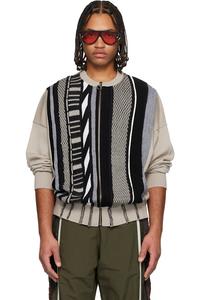 Martine Rose Бежево-Черный многополосный свитер на молнии с круглым вырезом