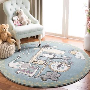 Ковер SAFAVIEH, 161 x 161 см, Carousel Kids Collection, круглый, Ivory & Blue, с животными, без ворса и простой в уходе, идеален для помещений с высокой проходимостью для мальчиков и девочек в игровой комнате, детской, спальне (CRK185A)