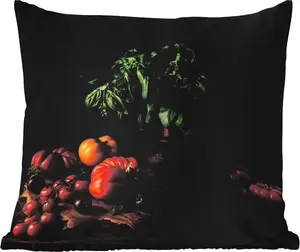 Подушка для улицы - Натюрморт - Помидоры - Базилик - Живопись - Овощи - Черный - 40x40 см - Устойчива к атмосферным воздействиям - Подушка для отдыха - Подушка - Внутренняя обивка с рисунком MuchoWow