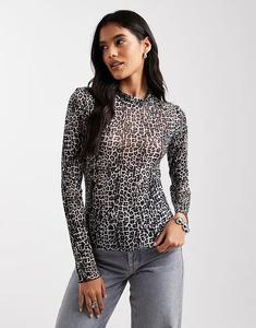 Топ из сетки с высоким воротом и однотонным анималистичным принтом