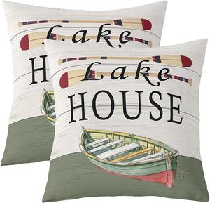 Erosebridal Наволочки декоративные Lake House Decor в стиле кантри, винтажный дизайн с узором дерева, цвет морской зелени и белый, Multi 11