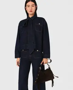 Женская джинсовая рубашка с жабо Maje, темно-синий