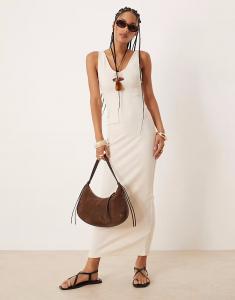 Платье мидакси ASOS DESIGN без рукавов с V-образным вырезом в рубчик цвета «камень»