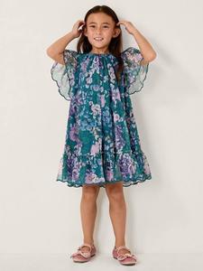 Детское платье-колокольчик из органзы с дикими цветами Monsoon, Teal