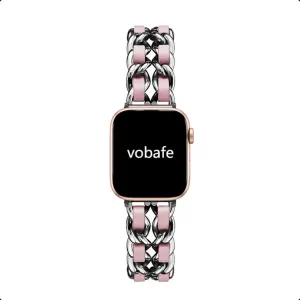 Ремешок Apple совместимость Натуральная кожа Материал Vobafe, Серебристый + розовый кожаный шнур
