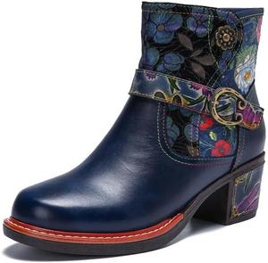 Женские ботильоны SOCOFY, ковбойские ботинки, богемные скуластые каблуки, кожаные западные ботинки, разноцветные кожаные зимние ботильоны, цветочная вставка, короткие ботинки на молнии для прогулок, свадьбы, вечеринки Eimeinuosy, Blue