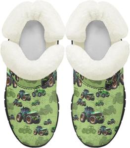 Детские ботинки для девочек на зиму с меховой подкладкой, противоскользящие зимние ботинки для прогулок и бега, слипоны Pointodoor, Green Tractor