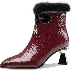 Женские ботильоны TinaCus из лакированной кожи ручной работы с заостренным носком, боковой молнией, средним каблуком, декором из кристаллов и меха с бантом, A Burgundy