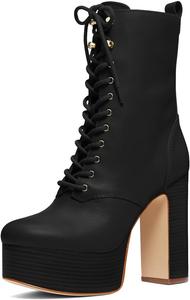 Женские ботильоны с круглым носком на платформе, шнуровкой, массивным высоким каблуком, боковой молнией, для вечеринок и вечеров, размеры 4-16 US Wo wagas, Black