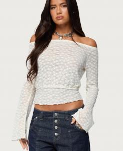 Женский прозрачный кружевной топ Alef с открытыми плечами Edikted, Cream