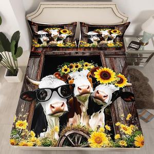 Erosebridal Фиттед простыня с принтом коровы и подсолнухов в деревенском стиле, Grey White Yellow