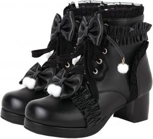 Женские платформенные ботинки мода кружево кожа массивные туфли короткие ботильоны готика противоскользящие на шнуровке высокие каблуки ботинки для верховой езды для женщин невеста свадьба Хэллоуин Generic, Black