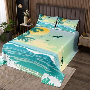 Erosebridal Комплект постельного белья Summer Ocean Quilt Set Hawaii с тропическим принтом из пальм и морских волн, Blue Green Yellow