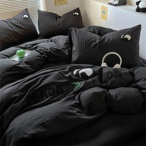 AVIVI Комплект постельного белья 1,8 м, 4 предмета, простыня, пододеяльник 180x220 см, черный с пандой