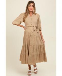 Платье для беременных бежевого цвета с цветочным жаккардовым узором и пуговицами спереди, многоярусное Pinkblush, Taupe