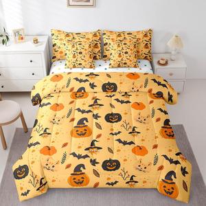 Erosebridal Комплект постельного белья Halloween с веселыми тыквами, летучими мышами и котами для детей, Orange