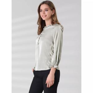 Женская офисная атласная блузка с рюшами на шее и пузырьковыми рукавами на эластичных манжетах и ​​пуговицах ALLEGRA K, белый