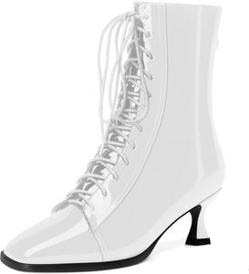 Женские ботинки MODENCOCO с квадратным носком, на молнии, шнуровке, из лакированной кожи, с низким каблуком-китен, высоким голенищем, 5 см, White