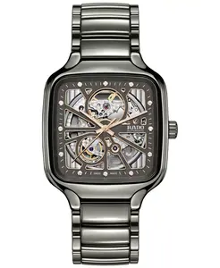Унисекс-часы Swiss Automatic True Square Open Heart с бриллиантами (0,1 карат) на сером керамическом браслете, 38 мм Rado