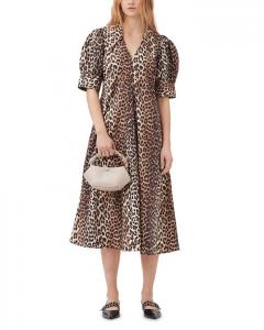 Платье макси из хлопкового поплина с леопардовым принтом GANNI и V-образным вырезом, мультиколор