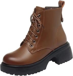 Женские ботинки DBFBDTU в британском стиле, из натуральной кожи, с застежкой на щиколотке, средний каблук, зимние теплые ботильоны для снега, 36(Us-6) Brown Wool