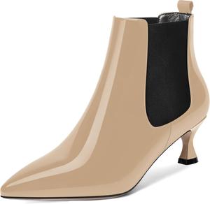 Женские офисные ботильоны WAYDERNS с острым носком, милой резинкой, лакированной поверхностью, низким каблуком-китен 2 дюйма, Black Beige