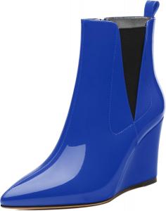 Женские ботильоны, с острым носком на высокой танкетке, короткие сапожки с боковой молнией и эластичной вставкой, высота каблука 3,3 дюйма MISEZOXI, Royal Blue Patent