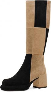 Женские сапоги-платформа Miss Left, до колена, закрытый круглый носок, средний массивный каблук, пэчворк, зимне-осенние, с боковой молнией, нарядные, повседневные, для вечеринок и прогулок, размеры 4-16 США, Black Peru