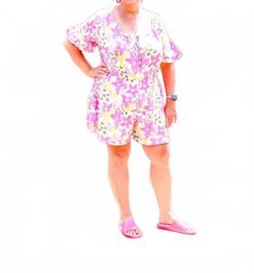 Полурукавный вязаный ромпер с цветочным принтом в кремовом цвете White Birch