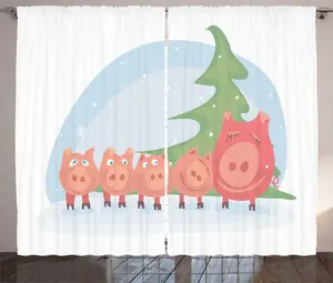 Штора ABAKUHAUS "Свинья в деревенском стиле", "Семья под рождественской елкой", универсальная ленточная штора для гостиной с петлями и крючками, 280 x 175 см, разноцветная белая Abakuhaus