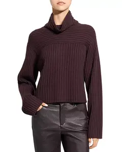 Шерстяной ребристый свитер с воротником-стойкой Theory, фиолетовый