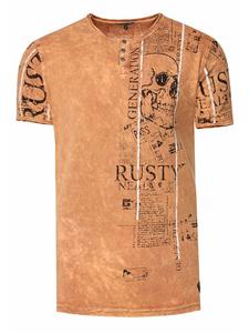 Футболка хенли с планкой на пуговицах и принтами по бокам верблюжьего цвета Rusty Neal