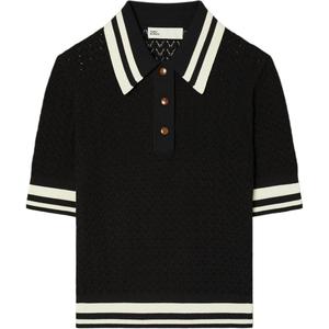 Полосатая прямая футболка поло с коротким рукавом женская черная TORY BURCH