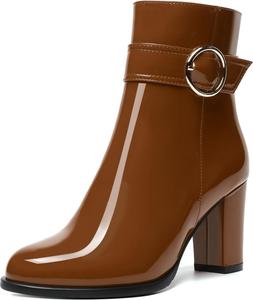 Женские повседневные ботильоны MODENCOCO с круглым носком, боковой молнией, модным дизайном, комфортные лакированные на высоком блочном каблуке 3,5 дюйма, Brown