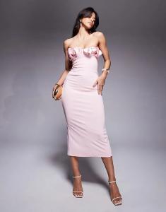 Платье-бандо миди ASOS DESIGN с плиссированными атласными чашечками на бюсте светло-розового цвета из ткани в стиле «скуба»
