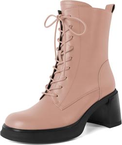 Женские боевые ботинки SAMMITOP на шнуровке, укороченные ботильоны с низким каблуком, массивной платформой, круглым носком и высотой каблука 2,5 дюйма, Nude