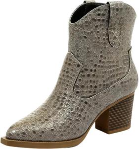 NXNBHSL Женские кожаные массивные ботинки на молнии, модные, с острым носком, каблук-стойка, средней длины, с эффектом крокодиловой кожи, вестерн стиль, короткие ковбойские ботинки, повседневные, для осени и зимы, для активного отдыха и вечерних вечеринок