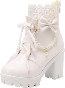 XIEPP Женские ботильоны на молнии с шнуровкой, короткие ботинки на невысоком каблуке с декоративными бусинами и кружевом для косплея и повседневной носки