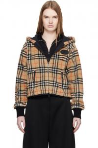 Burberry Бежевая укороченная клетчатая флисовая куртка с капюшоном