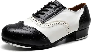 Мужские тап-туфли из кожи с низким каблуком, броги, на шнуровке, удобные для танцев Hiuzylqx, белый