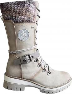 Женские ковбойские сапоги oiangi до середины икры, модные с круглым носком, ремешком с пряжкой, шнуровкой, массивным каблуком, удобные и теплые, низких коленных сапог, западного стиля, Beige