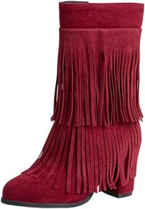 Женские ботинки с бахромой до середины икры, удобный массивный средний каблук, высокие ботинки в западном стиле для мотоцикла, с круглым носком и боковой молнией Generic, Wine