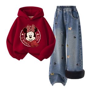 Детская повседневная спортивная одежда Disney, [Thickened And Fleece-Lined]Di Huan Huan Burgundy+Solid Color Denim Blue